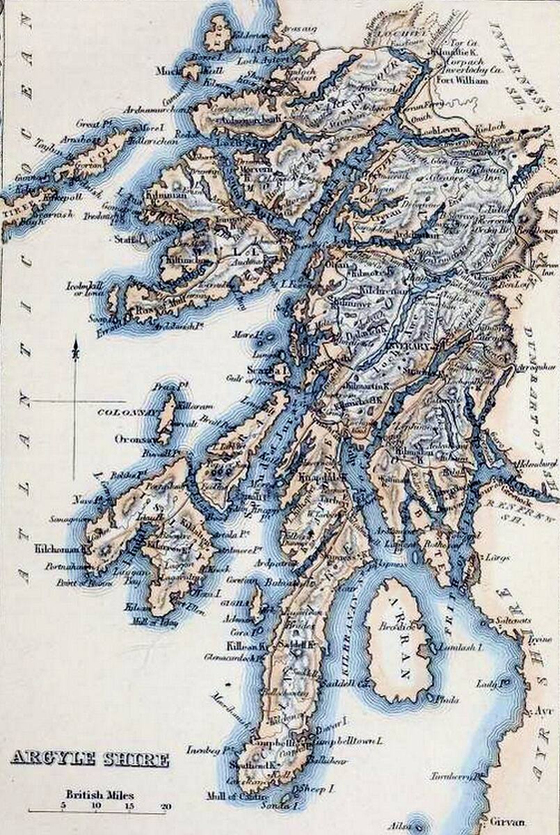 Mapo de Argyleshire, larĝe ekvivalenta al la mezepoka regno Dal Riata, <i>Imperial Gazetteer of Scotland</i>, John Marius Wilson