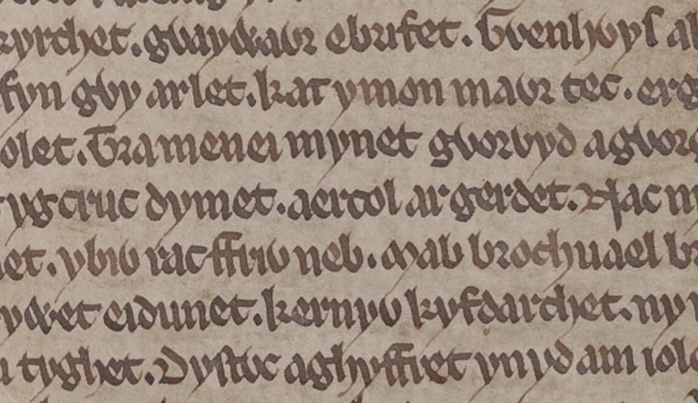 Libro de Taliesin, folio 22r, montranta la nomon de Aircol en la teksto de la poemo Trawsganu Kynan Garwyn mab Broch
