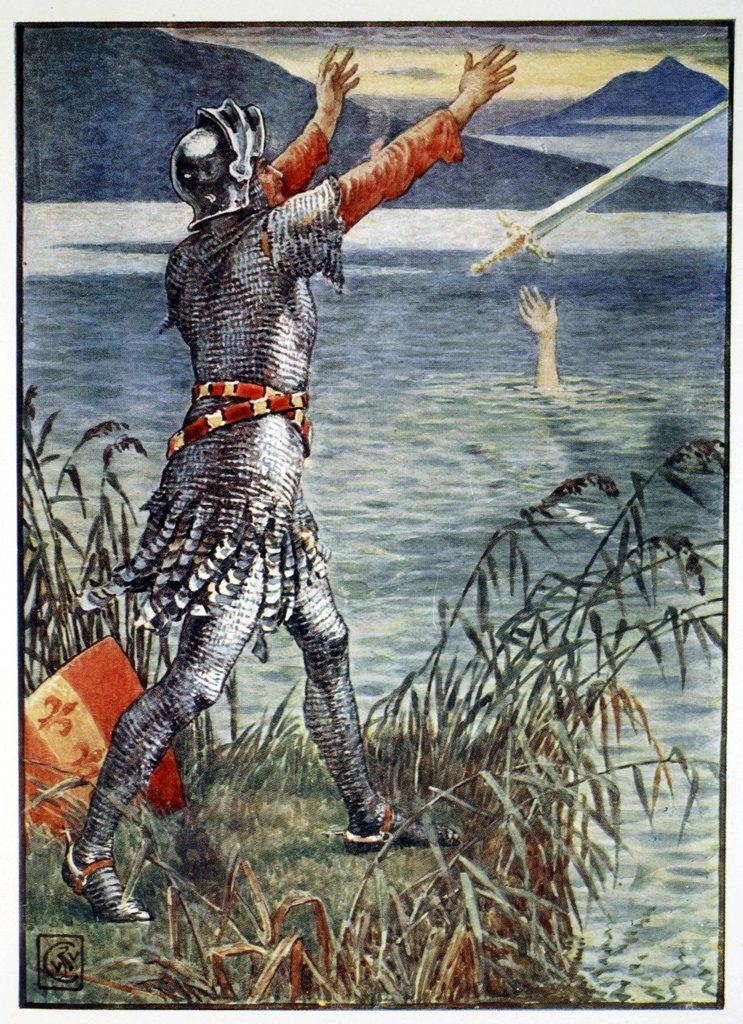 Reĝo Arturo kaj Sir Bedivere ĵetantaj Excalibur en la lagon