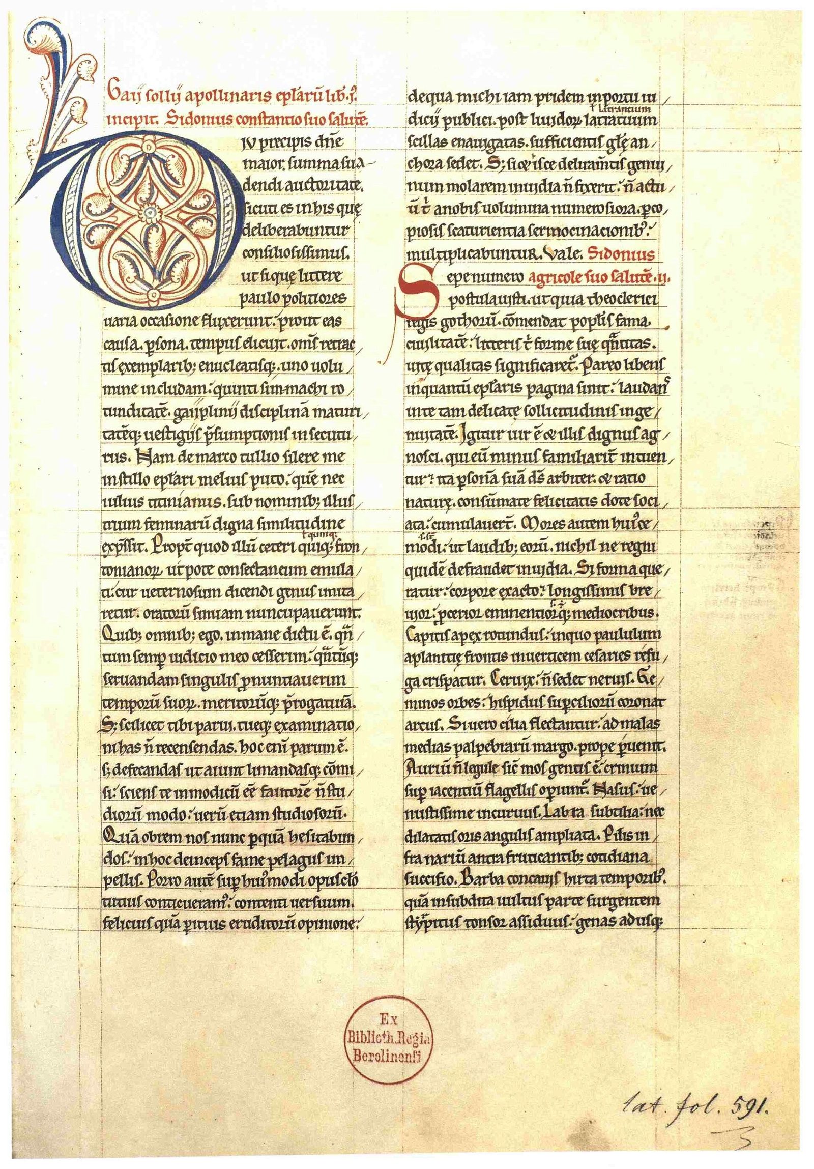 La komenco de la leteroj de Sidonius en la manuskripto Berlin, Staatsbibliothek, Ms. lat
