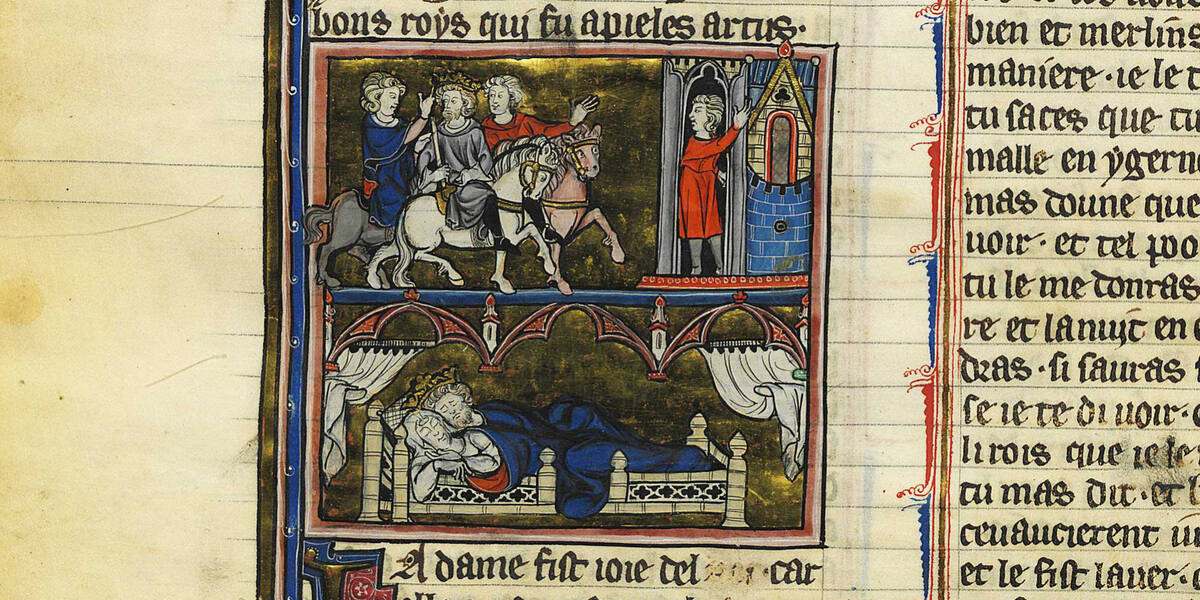 Dektria-jarcenta manuskripto de la Proza <i>Merlino</i>, el la poemo <i>Merlin</i> de Robert de Boron, prezentanta Utheron kune kun Igerna en la nokto de la morto de Gorlois