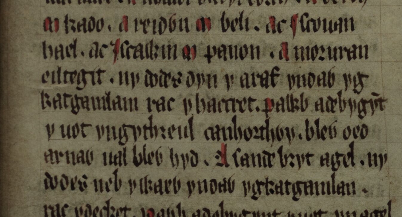 Culhwch kaj Olwen, folio 202r, montranta du referencojn al la Batalo de Camlann (linioj 4 kaj 7)