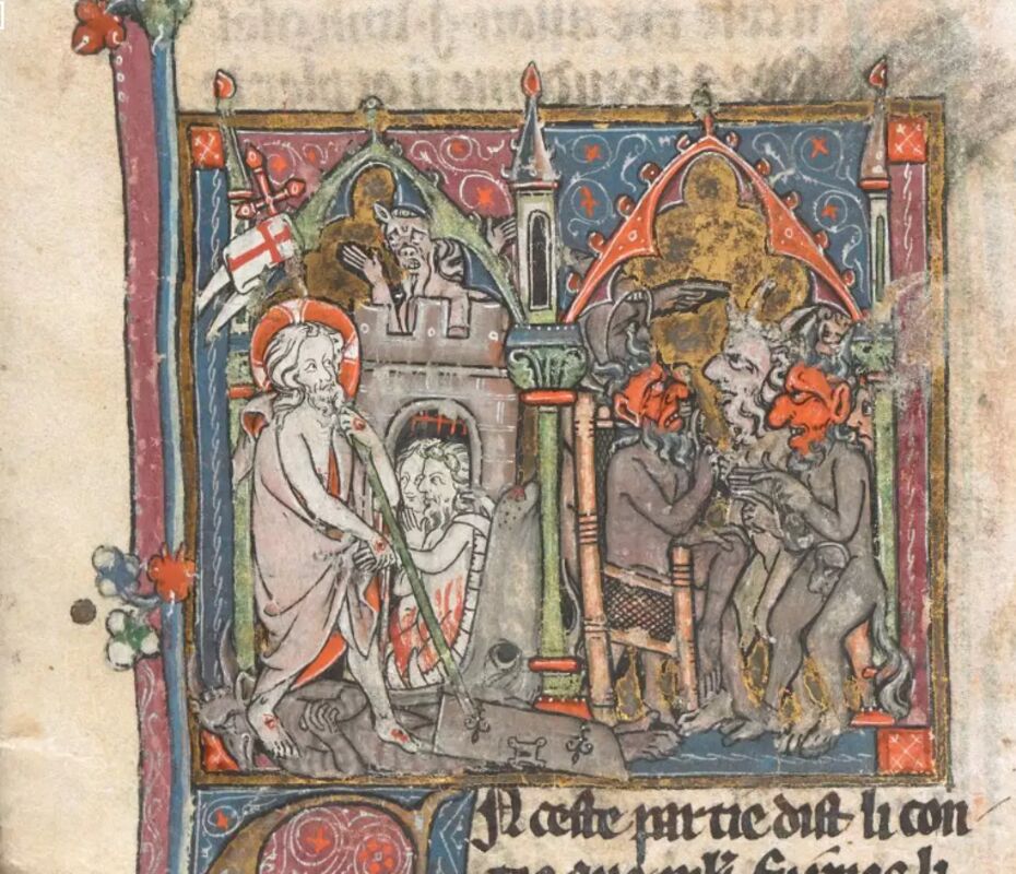 Prikribbo de la fono al la naskiĝo de Merlino sur Vulgata Ciklo-manuskripto de 1316, Brita Muzeo, Londono
