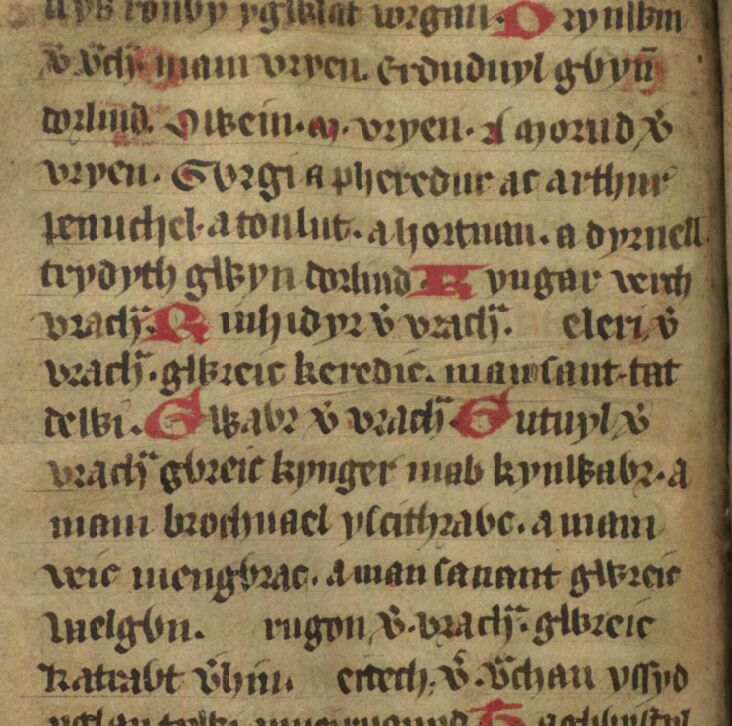 Vido de <i>Jesus College MS 20</i> folio 33v, montranta la nomon de Brychan aperantan kiel 'Vrach' plurfoje, kiel ekzemple ĉe la komenco de linioj sep, ok kaj dek