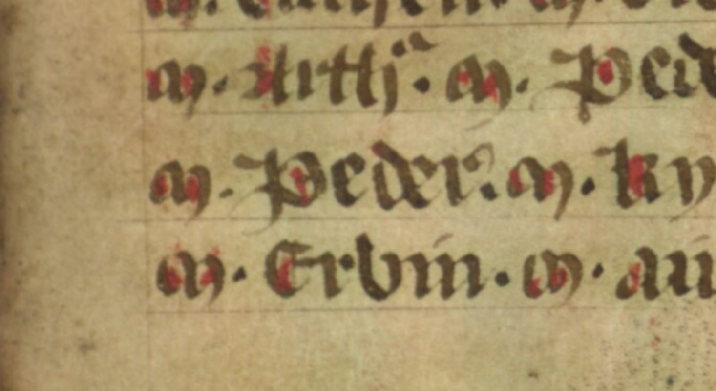 Jesus College MS 20, folio 36r, montranta Pedr de Dyfed kun lia nomo literumita ‘Peder’