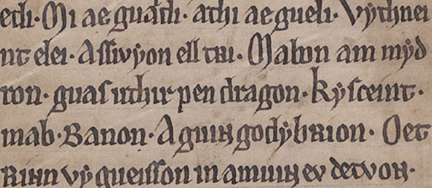 MS Peniarth 1, folio 47r, montranta la mencion de „uthir pen dragon“ en la poemo Pa Gur.