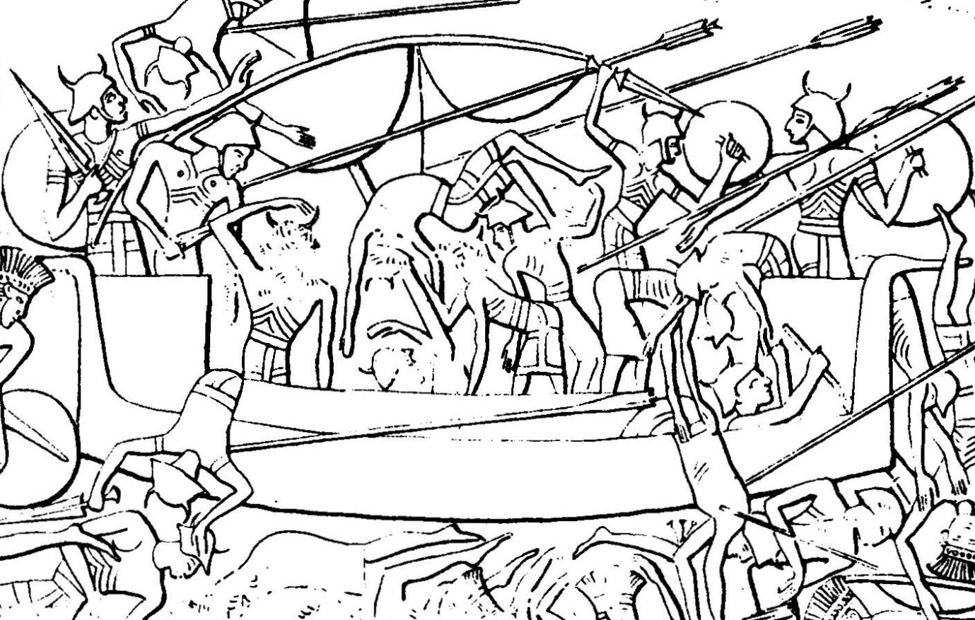Bildigo de la Sherden, unu el la Popoloj de la Maro, kiel montrata sur la templo ĉe Medinet Habu el la tempo de Ramseso la 3-a