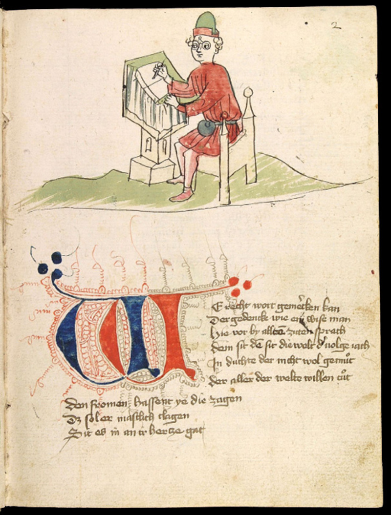 Prezento de Ulrich von Zatzikhoven kaj la komencaj linioj de lia <i>Lanzelet</i>, el la Codex Palatinus Germanicus 371, 1420